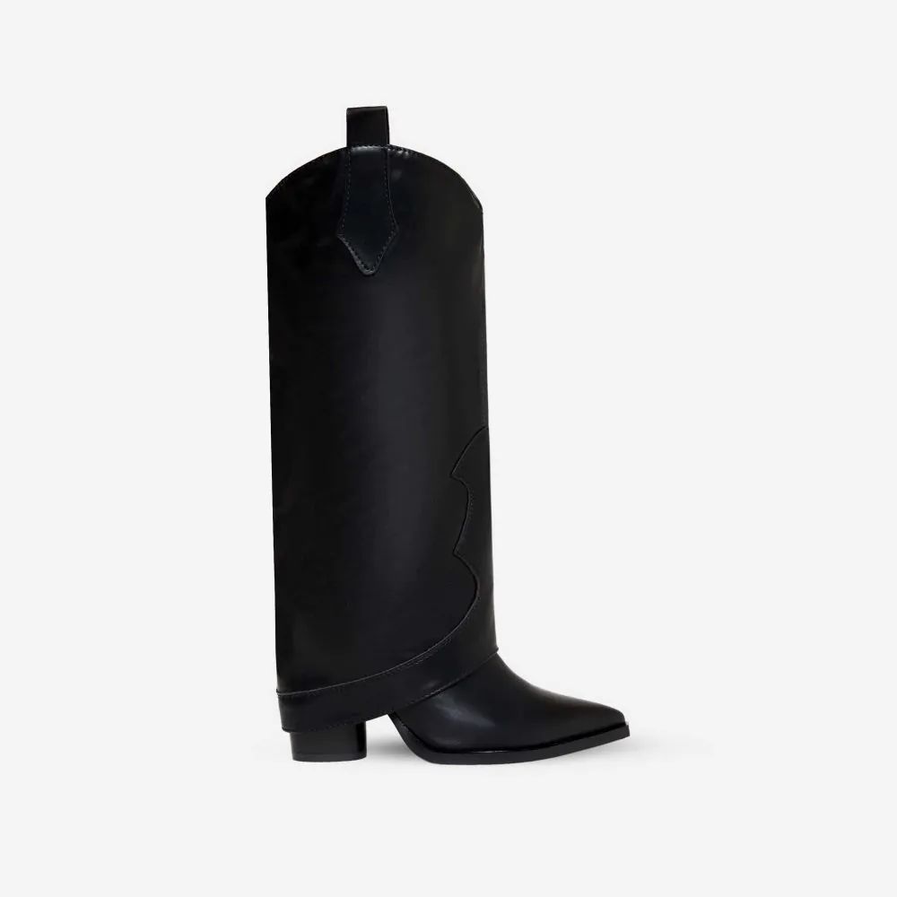 Cuba Pointed Toe Block Heel Knee High Long Western Boot In Black Faux Leather | EGO Shoes (US & Canada)