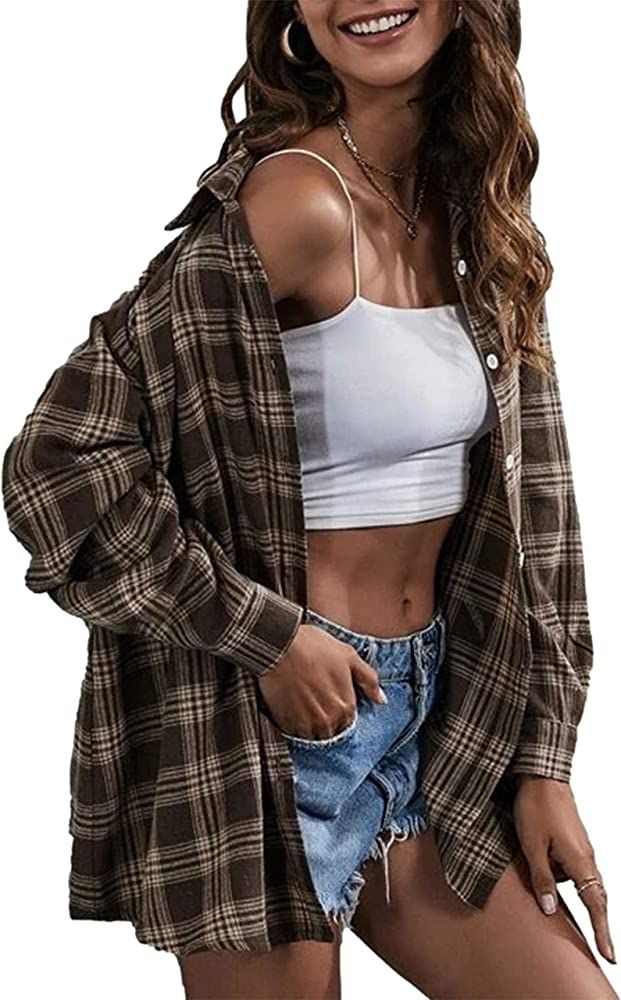 Plaid Flannel Shirts for Women Oversized Long Sleeve Button Down Buffalo Plaid Shirt Blouse Tops | Amazon (US)