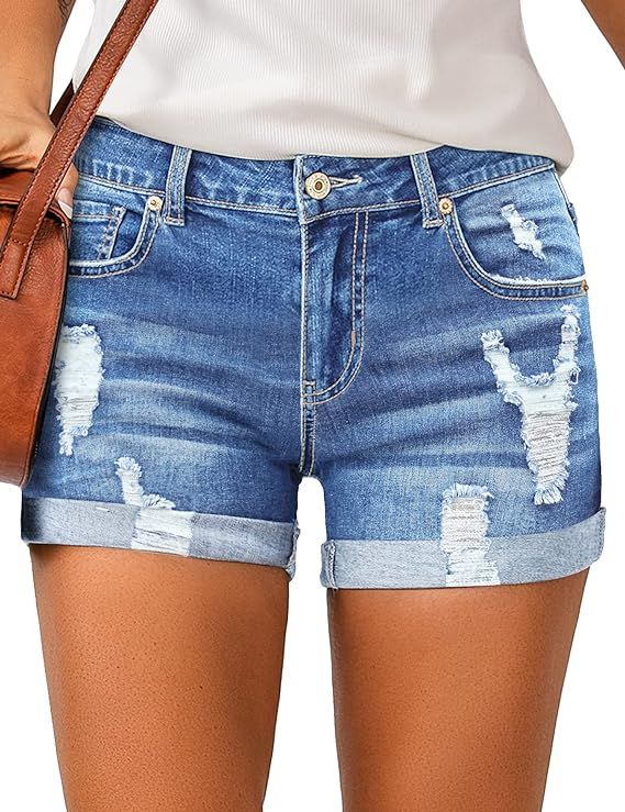 LookbookStore Women's High Waisted Rolled Hem Distressed Jeans Ripped Denim Shorts | Amazon (US)