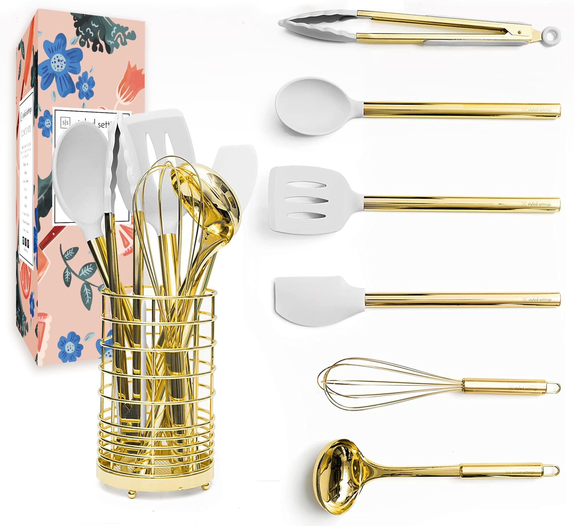 White Silicone and Gold Cooking Utensils Set with Holder- 7 PC Gold Kitchen Utensils Set Includes... | Amazon (US)