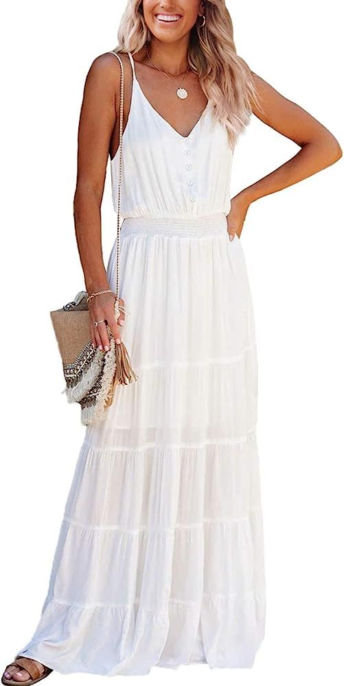 PRETTYGARDEN Women's Causal Summer Dress Spaghetti Strap Sleeveless High Waist Beach Long Maxi Dress | Amazon (US)