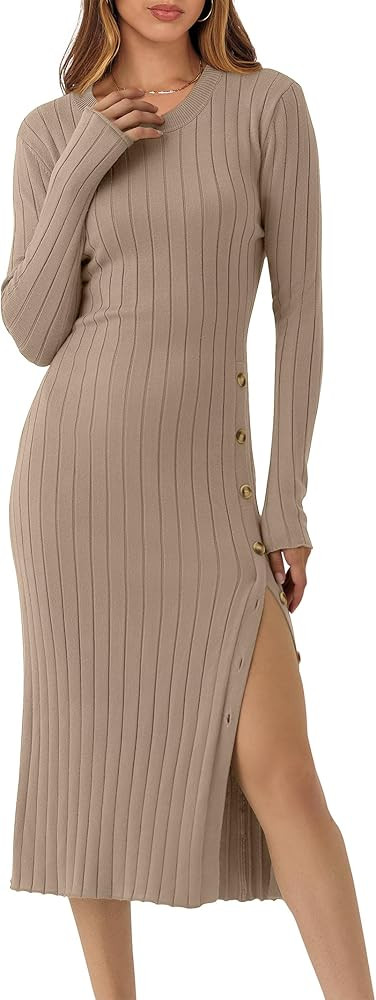ANRABESS Womens 2025 Fall Long Sleeve Midi Dress Ribbed Knit Bodycon Fitted Button Down Wedding G... | Amazon (US)