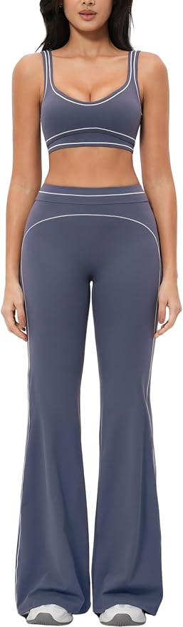 Womens Workout Set Two Piece U Back Color Block Sports Bra Matching High Waist Leggings Gym Work ... | Amazon (US)