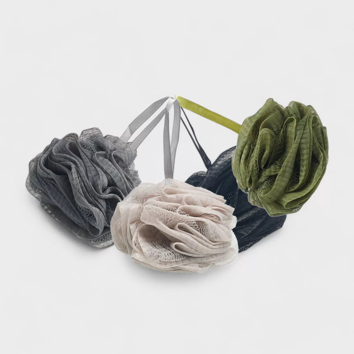 Spa Essentials 4 Pack Bath Loofahs - Shower Poufs with Reusable Travel Bag (Black, Gray, Green, L... | Target