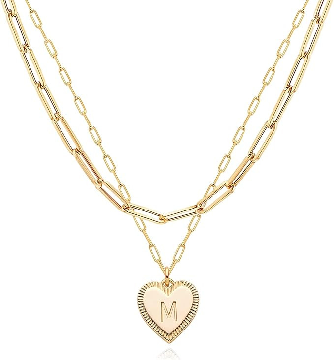 Gold Heart Necklace for Women Layered Chains Initial Pandeant Necklace Set with Paperclip Gold Ch... | Amazon (US)