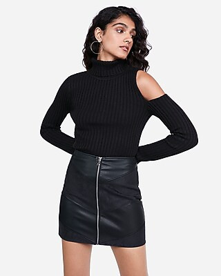 High Waisted Mixed Vegan Leather Chevron Zip Front Mini Skirt | Express