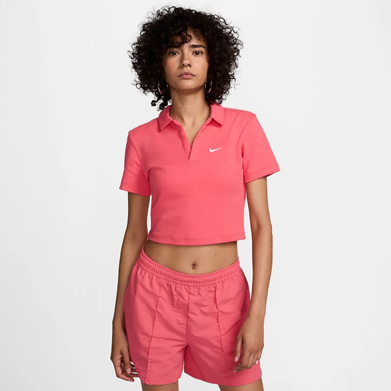 Nike Women's Sportswear Essentials Short Sleeve Polo Shirt Crop Top Bright Pink, X-Small - Women's Core/Basic Tops at Academy Sports | Academy Sports + Outdoors