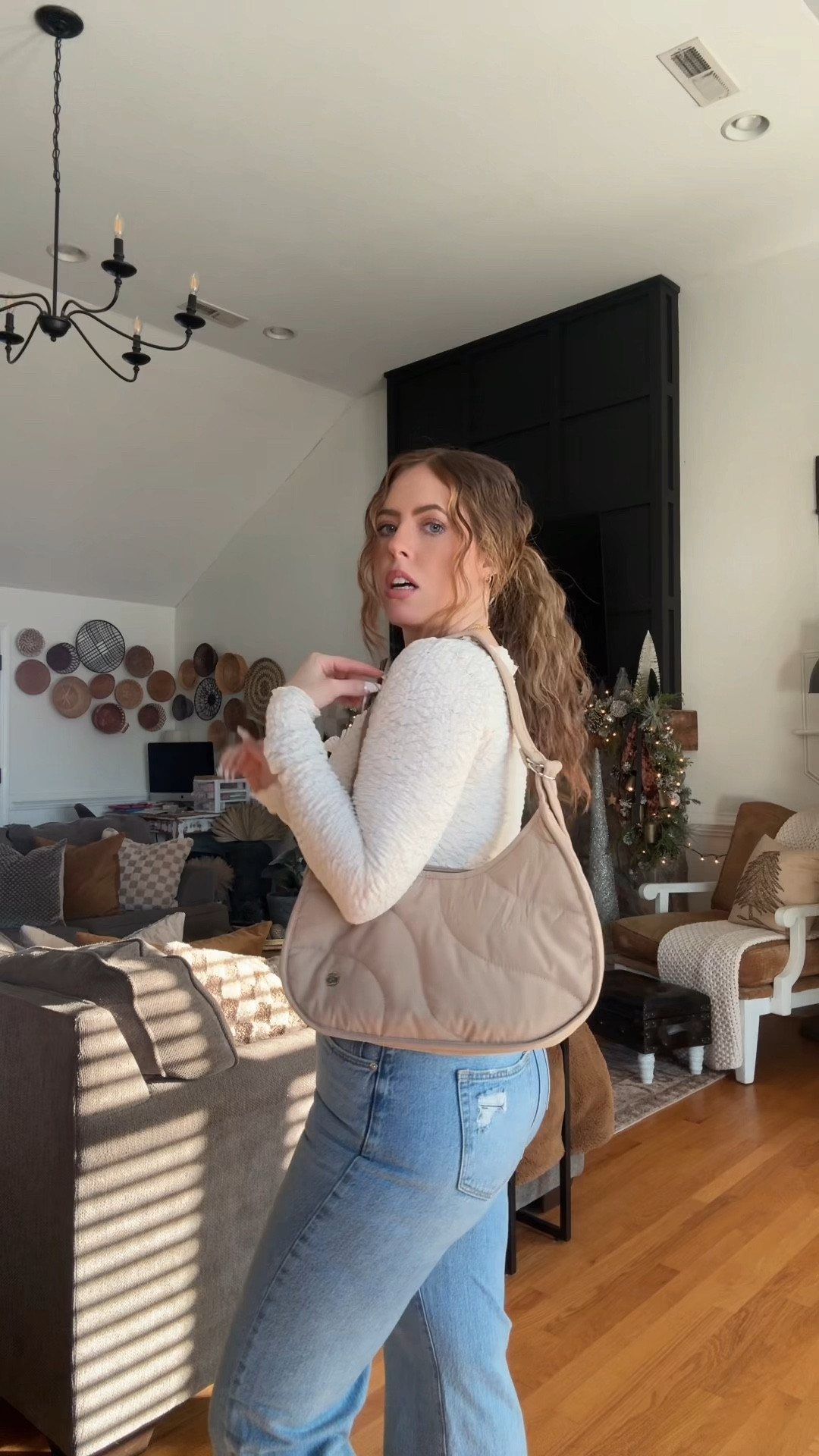 Lace Shirt + Wide Leg Jeans + Puffer Shoulder Bag 
*Shown are the slighter darker wash jeans. The light medium wash wasn’t available.*

#LTKStyleTip #LTKGiftGuide #LTKFindsUnder50