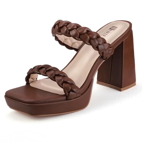 IDIFU Brown Platform Heels High Braided Chunky Block Square Toe Heels Wedding Bridal Prom Dress Shoes Strappy Open Toe Slip On Heeled Sandals Trendy Mules Slide Heels(Brown Pu 8.5 M US) | Amazon (US)
