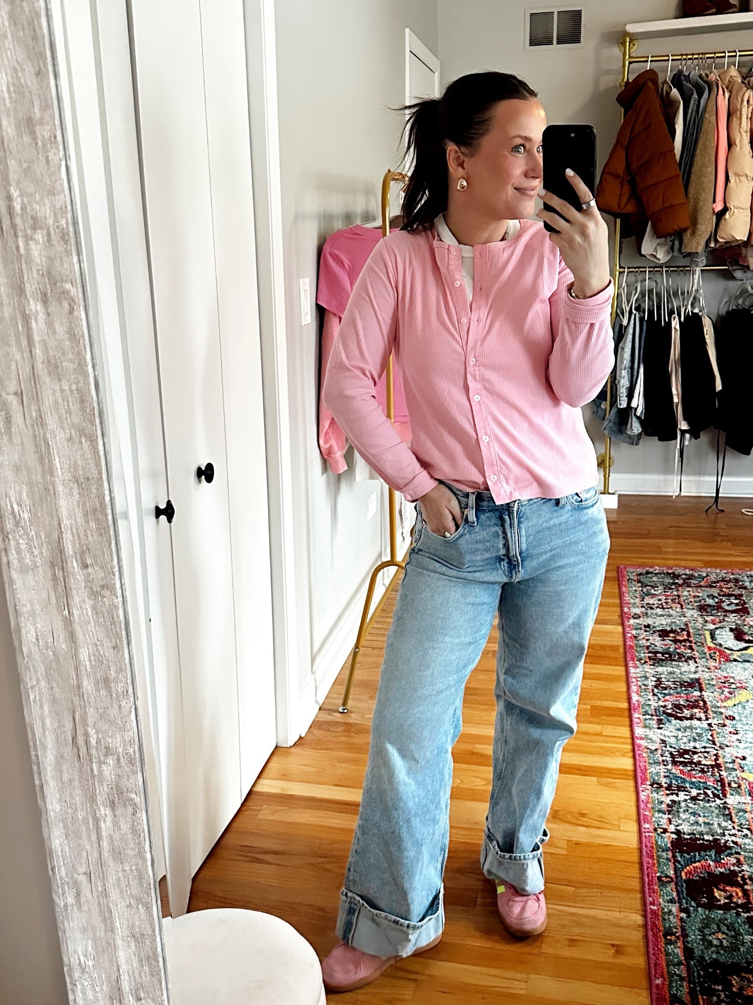 Todays stay at home mom outfit / thee high waisted jeans are so comfy and on sale! My pink sneakers and pink cardigan are on sale and my shirt is an Amazon find #momoutfit #highjeans #widelegjeans 

#LTKootd #LTKSaleAlert #LTKmomlife