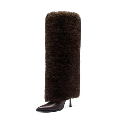 Tsrenlmln Faux Fur Boots Furry Fur Boots Winter Warm Plush Surface high heel Shoes brown 11in | Amazon (US)