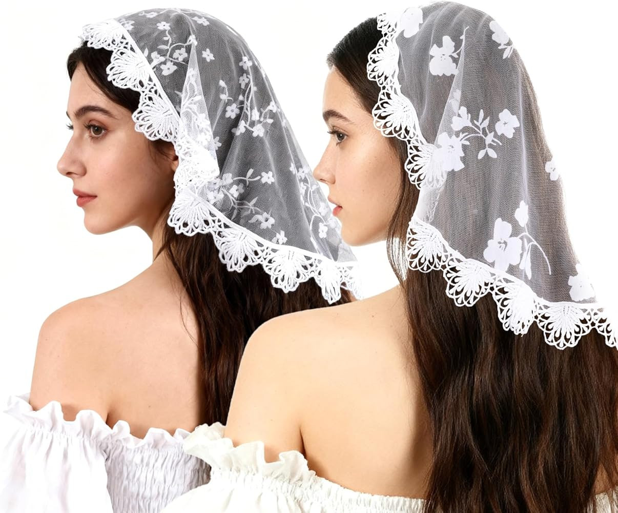 Lace Head Scarf, 2 Pcs White Lace Embroidery Head Coverings Veils for Church Catholic Round Flora... | Amazon (US)