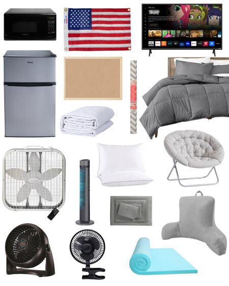 Make your college dorm feel like home with these finds. Cozy bedding and pillows. A mini fridge microwave fan and tv. Wall decor bulletin board and flags. #dormroom #college 

#LTKstyletip #LTKhome #LTKBacktoSchool