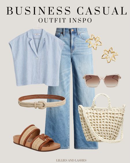 Business casual or everyday classic look
Free shipping and returns 

Madewell boxy cap sleeve linen shirt, madewell wide leg jeans, madewell crochet bag, Sam  Edelman sandals, rope belt, gold earrings 

#LTKFindsUnder100 #LTKOver40 #LTKWorkwear