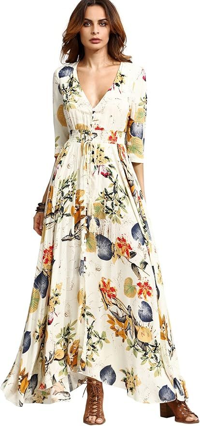 Milumia Women's Button Up Split Floral Print Flowy Party Maxi Dress X-Small Beige_Yellow | Amazon (US)