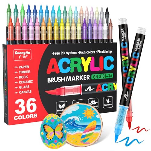 Guangna Acrylic Paint Markers Brush Tip, 36 Vivid Colors with Direct-Liquid Ink Control System, Professional-Grade Paint Pen for Rock Painting, Canvas, Glass, Plastic, Fabric, Eggs | Amazon (US)