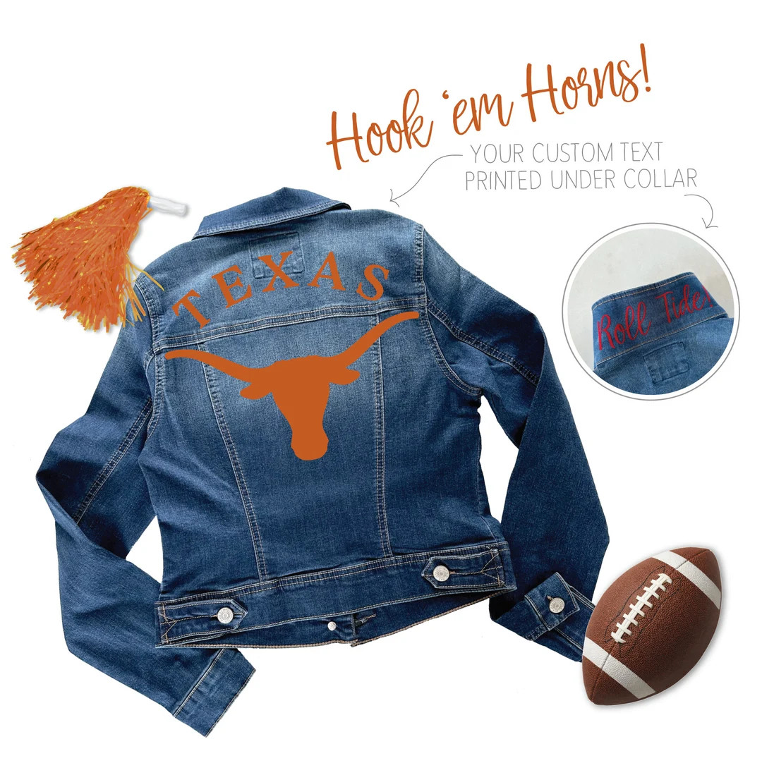 University of Texas Denim Jacket Go Horns UT Longhorns College Game Day Outfit Hook 'em Horns Jea... | Etsy (US)