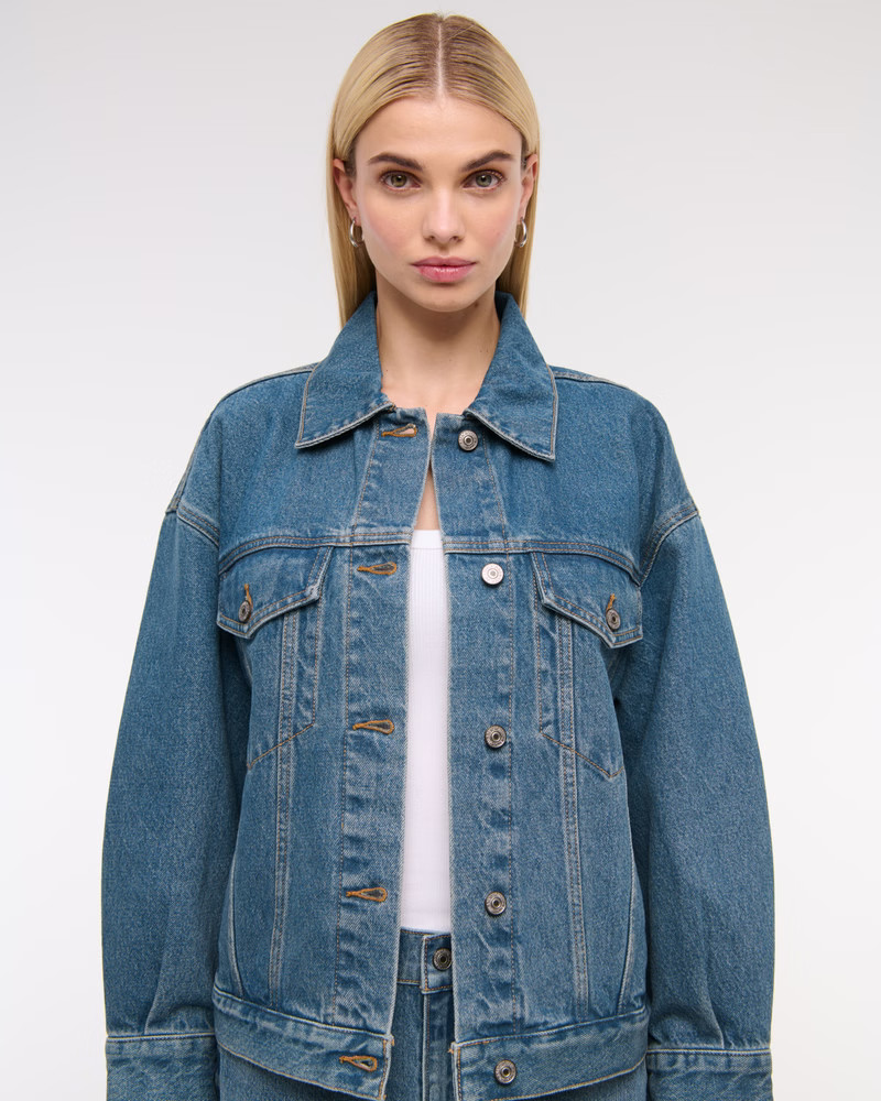 Oversized Distressed Denim Trucker Jacket | Abercrombie & Fitch (US)