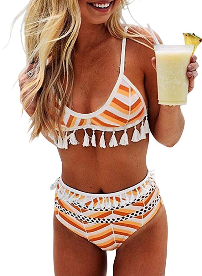 Aleumdr Womens High Waist Two Pieces Bikini Set Padded Stripe Tassel Swimsuit | Amazon (US)