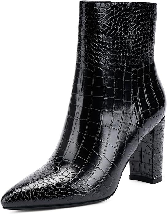 Modatope Boots for women Point Toe Heeled Boots Chunky High Heel Ankle Boots Faux Crocodile Boots... | Amazon (US)