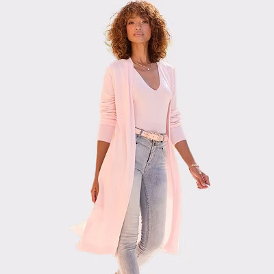 Women's Long Open Front Cardigan - LASCANA - Powder Rose Solid 8/10 | Target