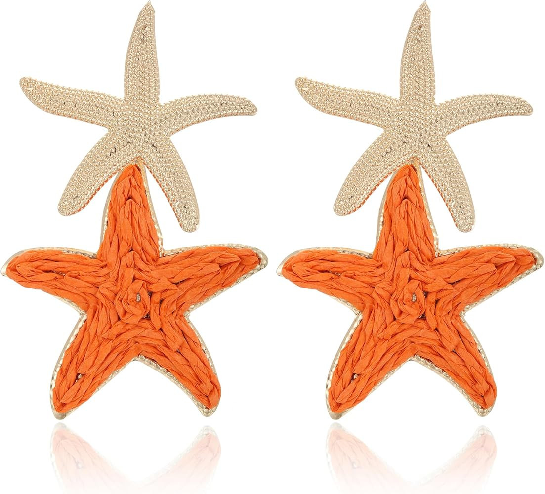 Raffia Starfish Earrings, Raffia Straw Wrapped Starfish Drop Dangle Earrings Summer Tropical Beac... | Amazon (US)