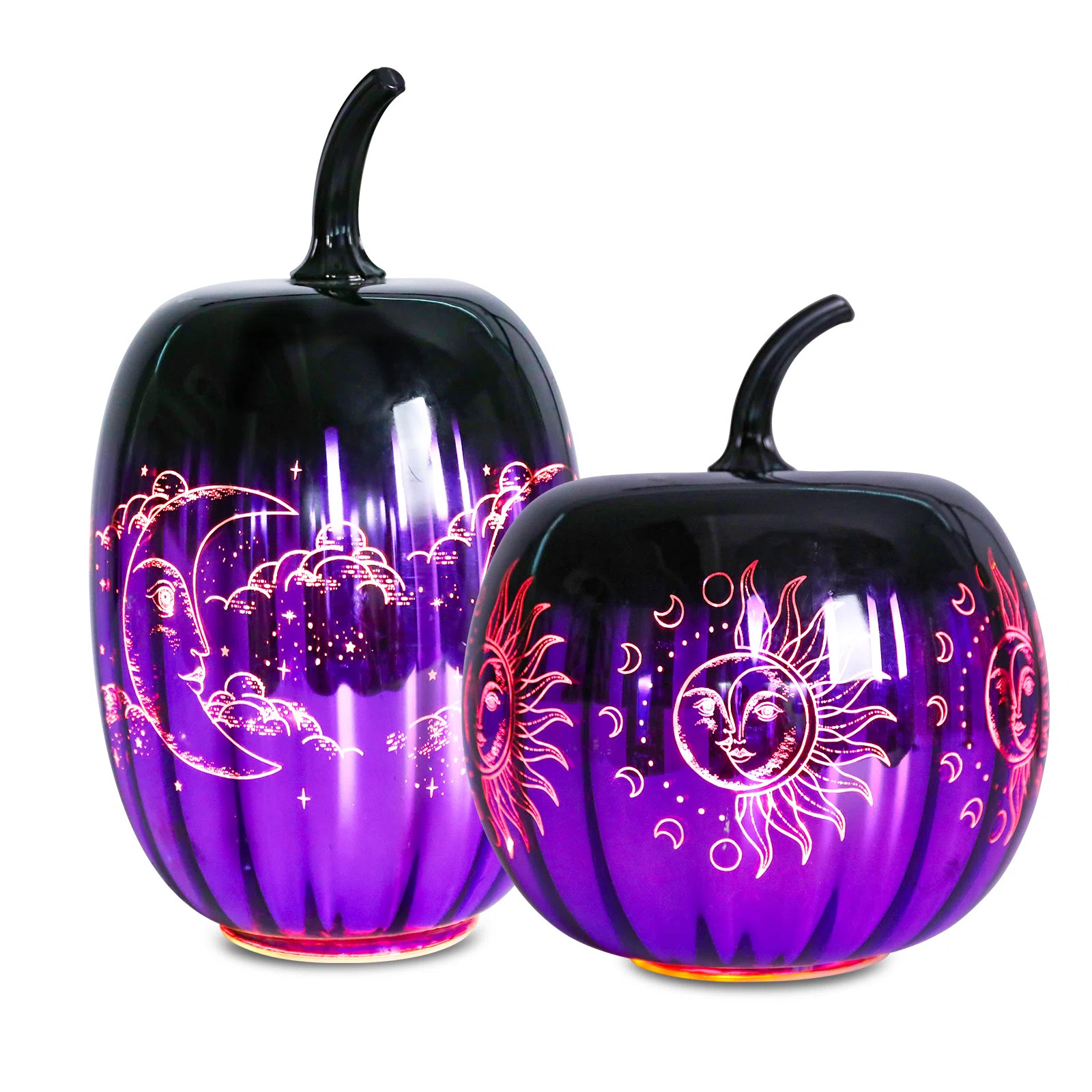 2 Piece Halloween Purple Glass Pumpkin Ornament Set: Moon & Sun Patterned Decorative Lamps,lumino... | Wayfair North America
