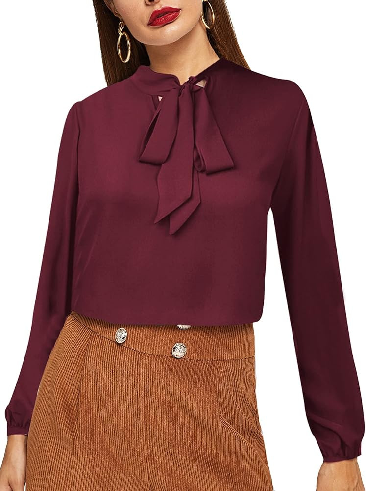 Romwe Women's Solid Print Elegant Bow Tie Neck Long Sleeve Work Office Blouse Top | Amazon (US)