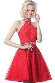 Jovani - JVN1099 Beaded High Halter Neck Lace Applique Cocktail Dress | Couture Candy
