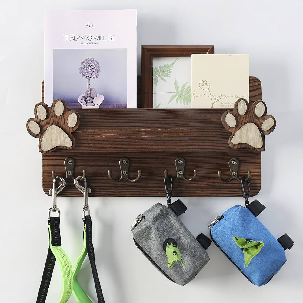 Hirusticate Wood Dog Leash Holder for Wall with 4 Brass Hooks for Dog Collar Pet Treats as Key an... | Amazon (US)