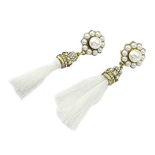 Fashion Womens Pearl Flower Rhinestone White Tassels Silk Thread Dangle Earring | Amazon (US)