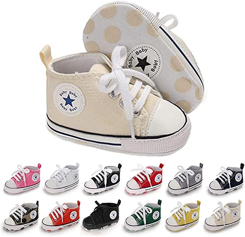 Baby Girls Boys Shoes Soft Anti-Slip Sole Newborn First Walkers Star High Top Canvas Denim Unisex In | Amazon (US)