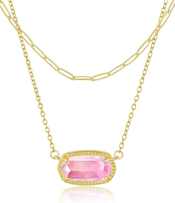 Lourny Gemstone Crystal Pendant Layered Necklace for Women Trendy, 18K Gold Plated Paperclip Chai... | Amazon (US)