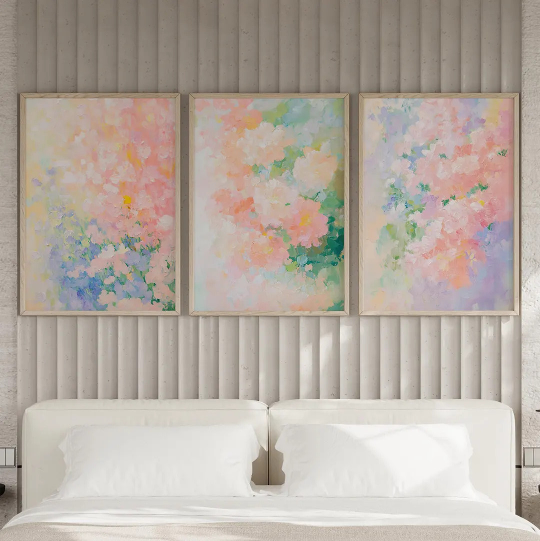 Abstract Pastel Floral Painting Set of 3 Wall Art Poster or Canvas Print, Dreamy Spring Flowers P... | Etsy (US)