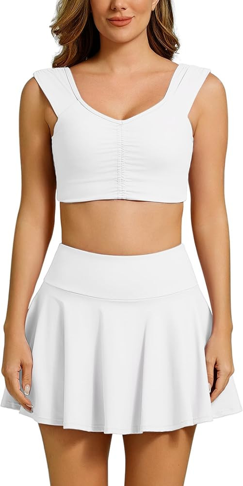 ABOCIW 2 Piece Tennis Dresses for Women High Waist Pleated Tennis Skirt Sports Bra Workout Crop T... | Amazon (US)