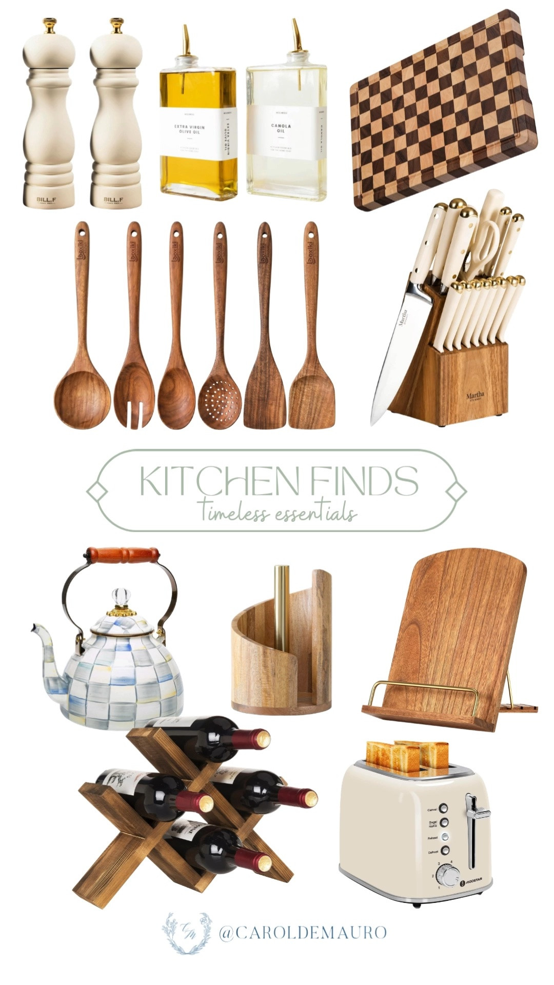 kitchen finds, timeless essentials, wooden kitchen utensils, mackenzie childs, neutral home decor, salt and pepper shakers, oil dispenser, checkered chopping board, knife and block set, kettle, paper towel holder, recipe book stand, wine organizer, bread toaster

#LTKHome