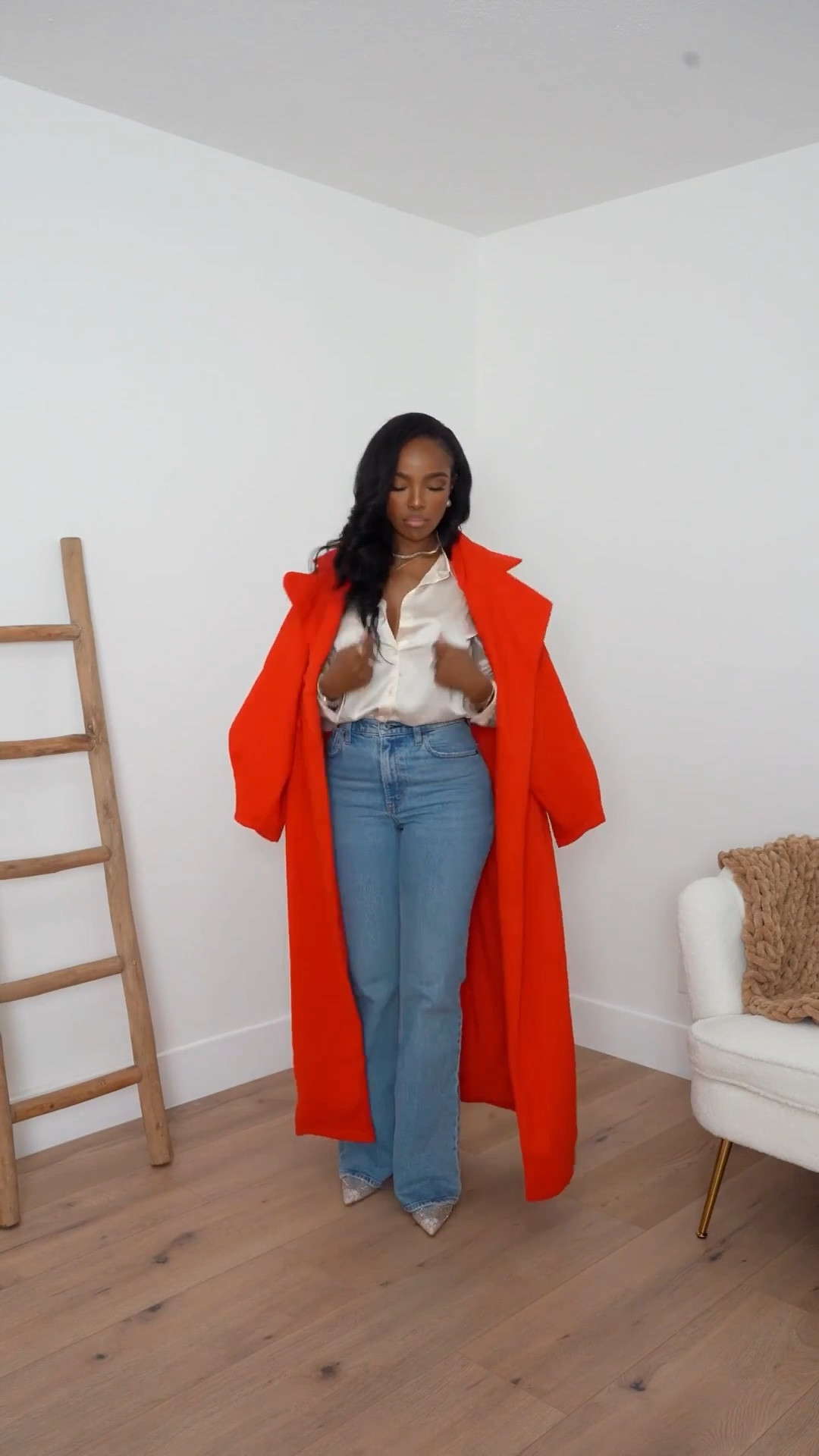 🔥 Bold Pop of Red — This statement coat instantly elevates a classic denim-and-blouse combo, giving effortless confidence with minimal effort. The contrast between the vibrant red and soft neutrals makes this look feel polished, powerful, and timeless.

Easy to dress up with heels or keep chic and casual with flats — this is one of those outfits that works every time.

Perfect for brunch dates, city days, meetings, travel looks, and elevated everyday wear.

📏 Sizing:
• Coat: Size Small  
• Blouse: Size Small  
• Jeans: 27 Long  
Measurements: 5’4” · 138 lbs · 34D · 27” waist · 40” hips

Red coat outfit, elevated denim look, classic blouse and jeans, chic everyday outfit, fall winter layering, statement outerwear, effortless polished style.

Save this post to revisit later and tap to get details.

Follow me on Instagram and YouTube @kirasfashionfinds
