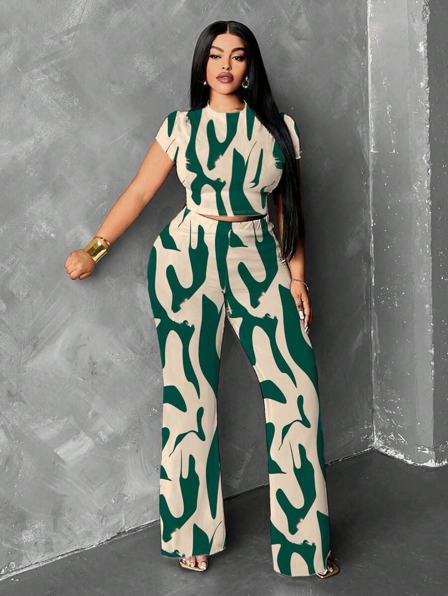Maweii 2pcs Plus Size Elegant Allover Print Crop Top And Pants Set, Summer | SHEIN