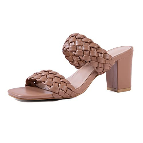 Braided Heeled Sandals for Women 3 Inch Chunky Block Heel Square-Toe Dress Shoes, Nude Size 10 Summer Soft Synthetic Leather Sandals for Work, Wedding Night Out | Amazon (US)
