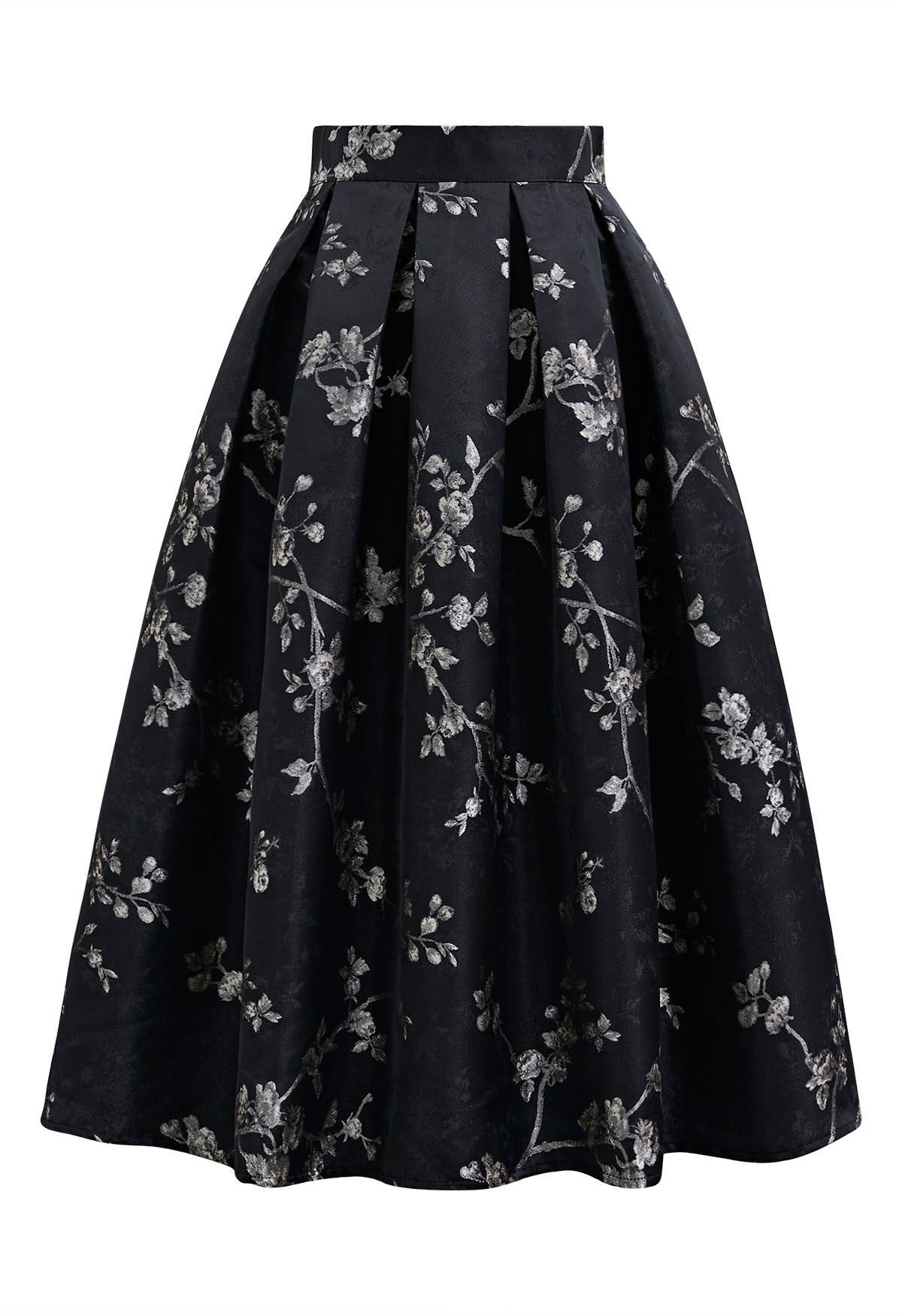Floral Branch Jacquard Pleated Midi Skirt | Chicwish