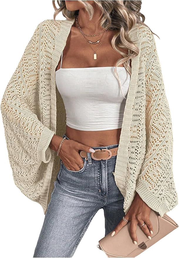 SHENHE Women's Open Front Loose Hollow Out Casual Dolman Sleeve Asymmetrical Cardigan Sweater Spr... | Amazon (US)