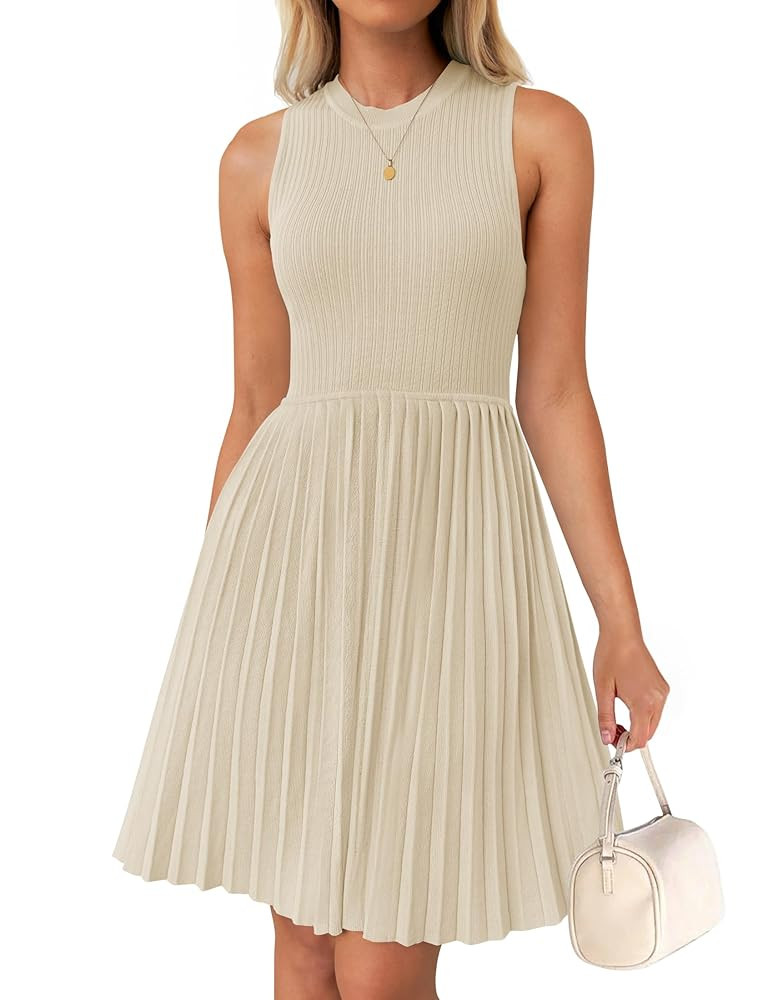 ZESICA Women's Summer Sleeveless Mini Dress 2025 Crewneck Knit A Line Pleated Swing Casual Basic ... | Amazon (US)