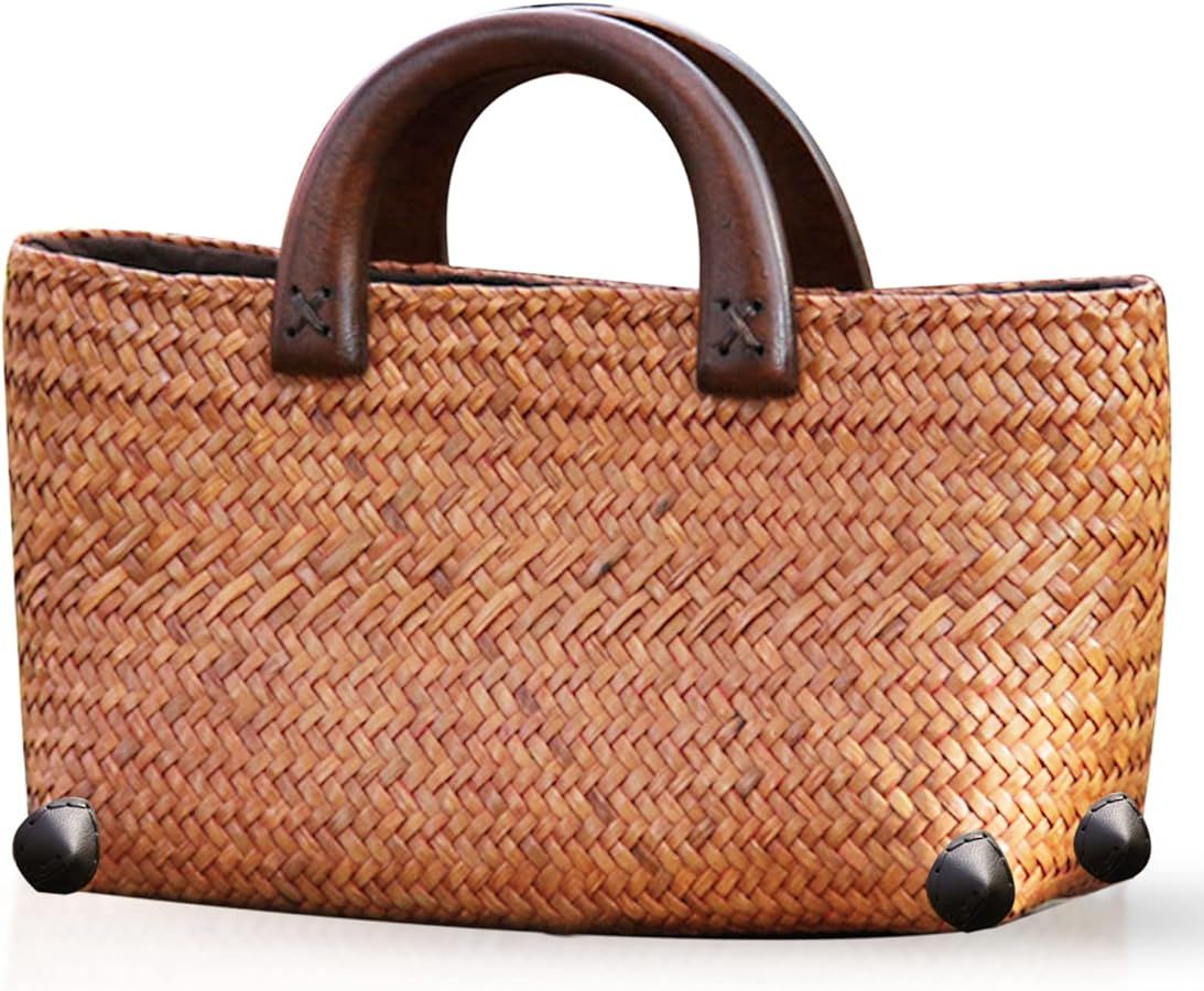 Straw Bag for Women, Summer Beach Handmade Rattan Tote Bag, Round Wooden Handle, Boho Retro Straw... | Amazon (US)