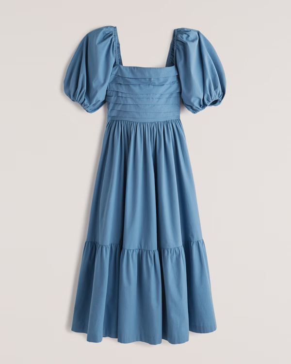 Ruched Puff Sleeve Poplin Midi Dress | Abercrombie & Fitch (US)