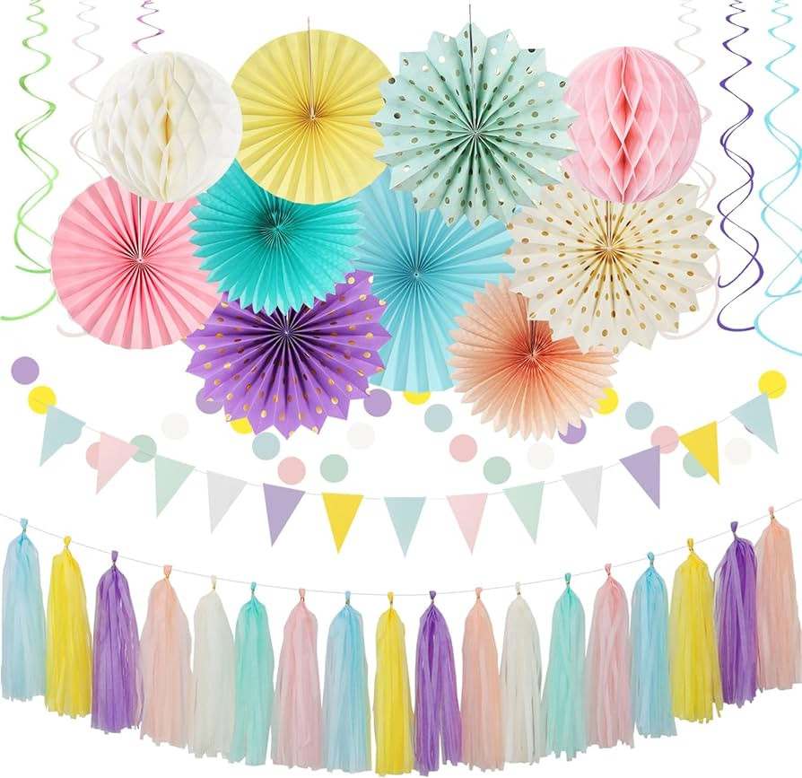 Pastel Rainbow Pink Purple Yellow Peach Party-Decorations - 33pcs Kits Banner,Streamers Tassel Ga... | Amazon (US)