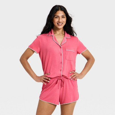 Women's Short Sleeve Notch Collar Shirt and Shorts Pajama Set - Auden™ Pink L | Target