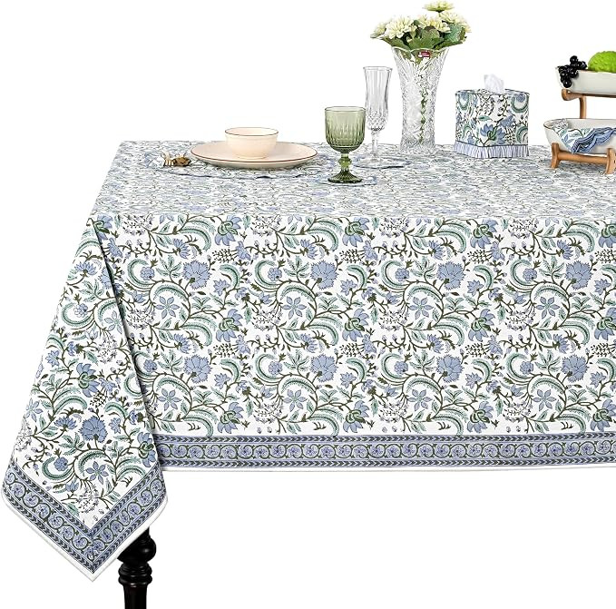 Columbia Blue Hand Block Print Cotton Tablecloth 90 x 60 Inch | Amazon (US)