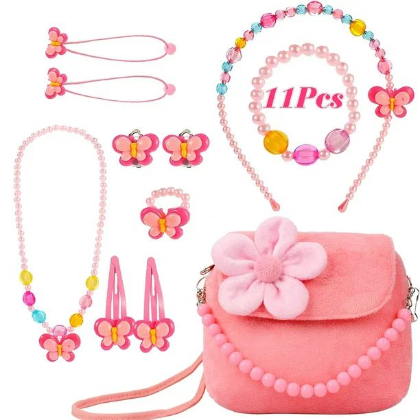 Kids Jewelry 11Pcs Little Girls Necklace Bracelet Set with Plush Handbag, Pink Princess Costume f... | Walmart (US)