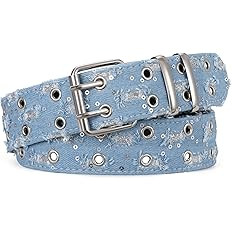 WERFORU Double Grommet Belt PU Leather Punk Belt for Women Men Jeans 2 Hole Belts 1.5 Wide | Amazon (US)