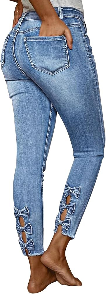 Flamingals Women's High Waist Skinny Jeans Butt Lifting Raw Hem Hollow Out Bow Tie Denim Pants | Amazon (US)